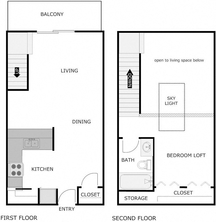 Floor plan for 1 bed, 1 bath, 750 sqft